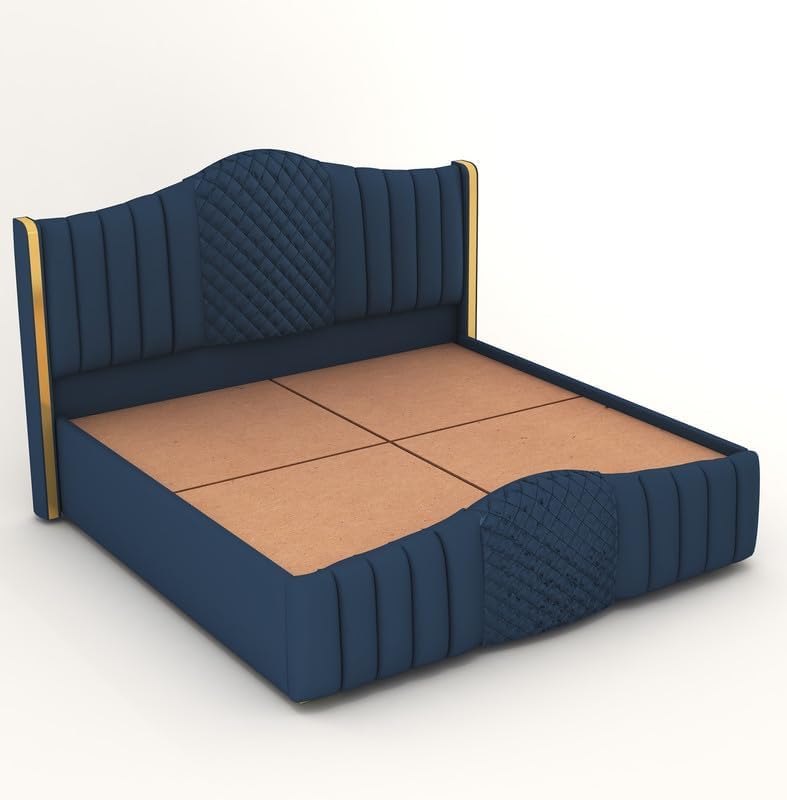 Image of SABTA Crafts Modern Upholstered King Size Bed with Box Storage for Bedroom | Wooden Double Bed with Storage | Platform Cot Bed with Upholstery Premium Fabric, 6.5 x 6 Ft, Sheesham Wood, Navy Blue
