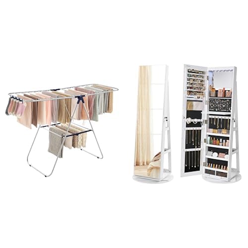 SONGMICS Clothes Drying Rack, 6 LEDs Lockable Mirror Jewelry Cabinet, ULLR52BU and UJJC007W01