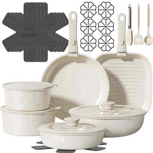 Image of 26 Pcs Pots and Pans Set Non Stick, Ceramic Cookware Set Non Toxic with Detachable Handles, Healthy Induction Cookware Oven Safe RV Kitchen Set, PFAS PFOA & PTFE Free, Cream White