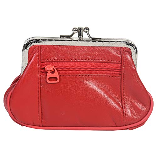 Women's Leather Metal Frame Double Clasp Zipper Coin Purse 5 1/4" X 3 1/4" (Red) #TOP21