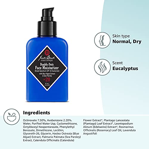 Jack Black Double-Duty Face Moisturizer, 3.3 Fl. Oz – SPF 20 Sun Protection, Long Lasting Hydrating Skincare, Lightweight Moisturizer, Men’s Facial Moisturizer