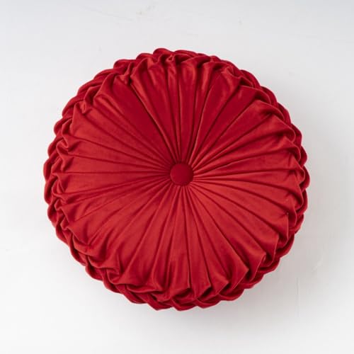 YWHT 北欧手作りプリーツリングカボチャ抱き枕、円形リビングソファ腰当て、ベッドサイドベルベット枕 (ブライトレッド,直径38×10cm)