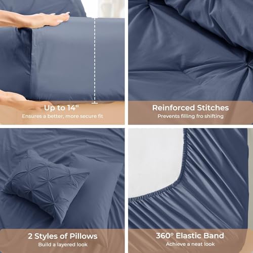 Image of Sasttie King Size Comforter Set, 7-Piece Bed in a Bag, Pintuck Bedding Set for All Season, Includes Comforter, Flat Sheet, Fitted Sheet, Pillowcases and Pillowshams, Indigo Blue