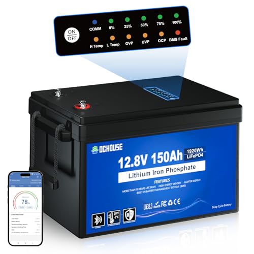 DCHOUSE Batería de litio LiFePO4 de 12V 150Ah con Bluetooth, protección contra bajas temperaturas, 4000–15000 ciclos, batería de litio de ciclo profundo, perfecta para caravanas, sistemas solares
