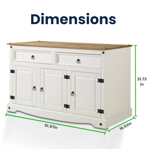 Furniture Dash Solid Wood Sideboard Buffet 51.9" W, 16.9" D, 31.6" H - Wooden Storage Cabinet with 3 Doors & 2 Drawers, Ideal for Living Room, Kitchen Island, Dining Room, Hallway - Snow White