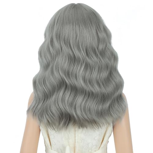 Image of Girls Gray Wig with Air Bangs Kids Short Gray Wavy Curly Wigs Children Synthetic Cosplay Hair for Halloween