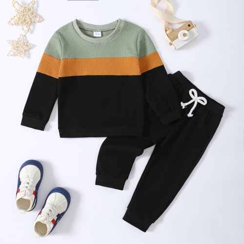 Image of Kid Toddler Boy Clothes Color Block Sweatshirt and Casual Pants 2Pcs Boys Fall Winter Outfits 1-5T