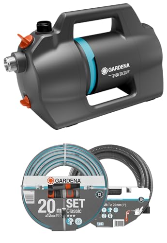 Gardena Gartenpumpe 4200 Silent Set: Sehr leise, innovative Bewässerungspumpe mit 3,5 m Sauggarnitur und 20 m Classic Schlauch, Fördermenge 4200 l/h, 600 W Motor, wasserfest, stromsparend (9055-20)