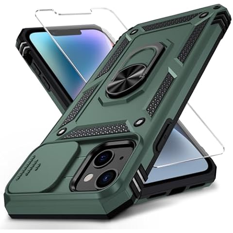 Weycolor for iPhone 13 Case with Camera Lens Cover HD Screen Protector, 10 FT Military Grade Drop Protection, Magnetic Ring Holder Kickstand Protective Phone Case for iPhone 13 6.1 inch, Pine Green Cover