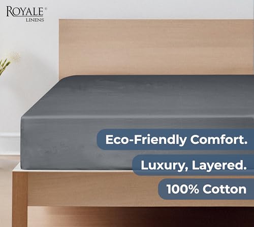Image of Royale Linens 100% Organic Cotton Fitted Sheet - Percale Weave - Super Soft Deep Pocket Bottom Sheets - Grey Elastic Sheet Queen Size - Queen Fitted Sheets Only - (60 inchx80 inch+15 inch, Grey)