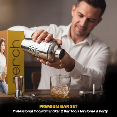 Image of O' Holic by Perch Craft 8-Piece Stainless Steel Bartender Kit|Premium Cocktail Shaker Set with Jigger 30 /60ml, Spoon,Pourer,Ice Tong, & Bar Tools|Professional Bar Set for Home &Tour Parties|Silver