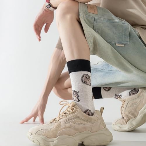 Image of 5 Pairs Cute Animal Crew Socks Fun Casual Cotton Calf Socks for Women (US, Alpha, One Size, Regular, Regular, Wolf)