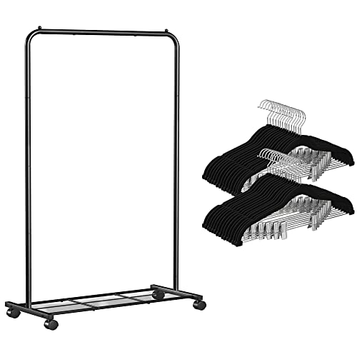 SONGMICS Rolling Clothes Rack and 30-Pack Velvet Hangers Bundle, Garment Rack with Wheels and a Mesh Shelf, Non-Slip Coat Pants Hangers with Adjustable Clips, Black UHSR25BK and UCRF12B30