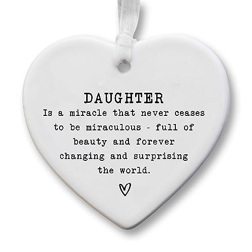 Image of Ceramic Daughter Heart Keepsake Ornament with Ribbon – 8x7cm Hanging Gift for Daughter – Sentimental Plaque – Birthday, Christmas or Special Occasion Gift from Mum or Dad