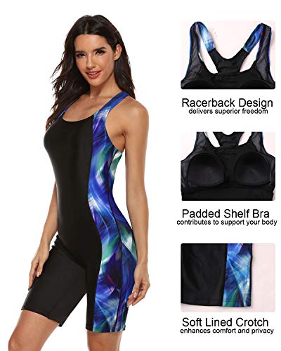 Beautyin Women'S Boyleg Unitard Swimsuits Racerback Athletic One Piece Bathing Suits Knee Length Bodysuits Blue Green Print Large thumb #3