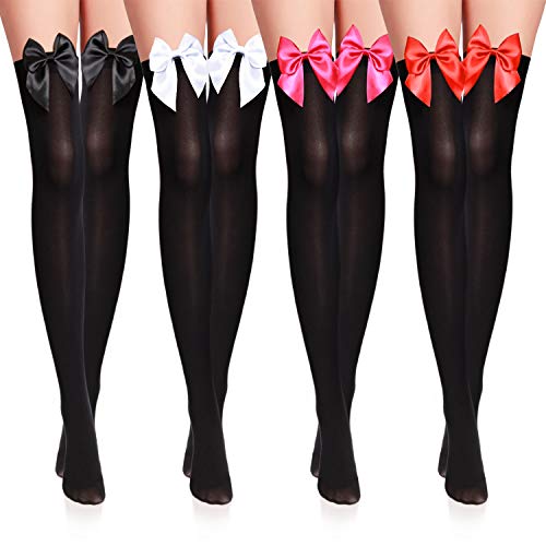 Satin Bow Stockings Women Opaque Thigh High Stockings Over Knee Long Stockings (Black, 4)