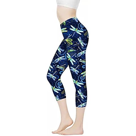 INSTANTARTS Women's Capri Yoga Pants, Stretchy Exercise Sports Pants High Waist Leggings, Dragonfly - Blue, M Cover