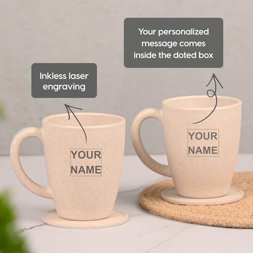 Image of Eha Earth Friendly Customised Coffee Mugs and Coasters Set of 2 with Loopac, 300 ml | Made with Rice Husk Biocomposite | Personalized Gifts for Friends and Family | Sand Castle