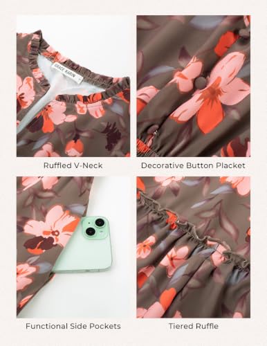 Image of GRACE KARIN Women's Floral Maxi Dress 2026 Fall Long Sleeve V Neck Empire Waist A Line Flowy Dress with Pocket