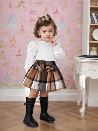 Toddler Baby Girl Plaid Dress Puff Sleeve Bow Patchwork Ribbed Shirts Dress Plaid Fall Winter Outfits (Brown Plaid,12-18 Months)