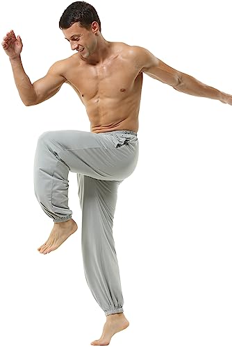 HOEREV Men's Super Soft Modal Spandex Harem Yoga/ Pilates Pants Grey Large