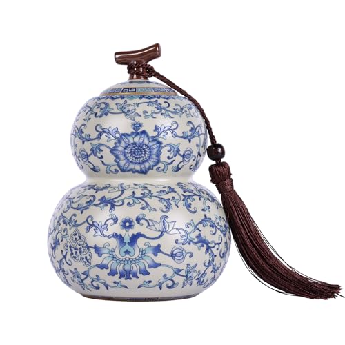 XINGYAN Airtight Ceramic Tea Canister,22oz Gourd-Shaped Porcelain Tea Storage Jar with Seal Lid,Kitchen Counter Container for Loose Leaf Tea, Coffee, Sugar, Spices, Home Decor Vase (FH Design)