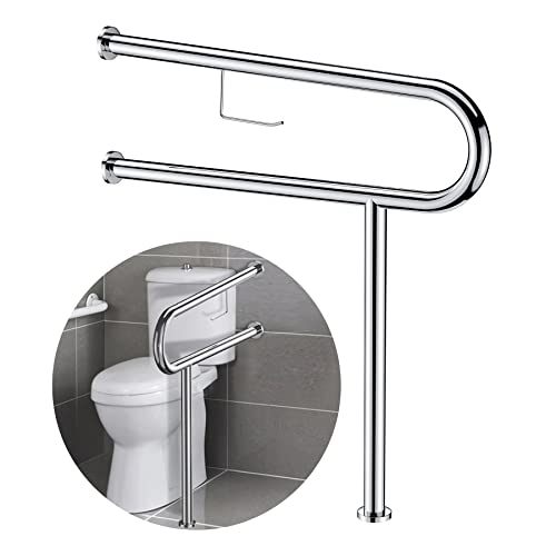 FlySkip Toilet Grab Bar with Toilet Paper Holder,23.5inch Polished Glossy Floor to Wall-Mounted Support Bar Handicap Grab Bars for Toilet,Bathroom Aid Assist Rail for Disabled Elderly Pregnant Woman -  FL-Toilet