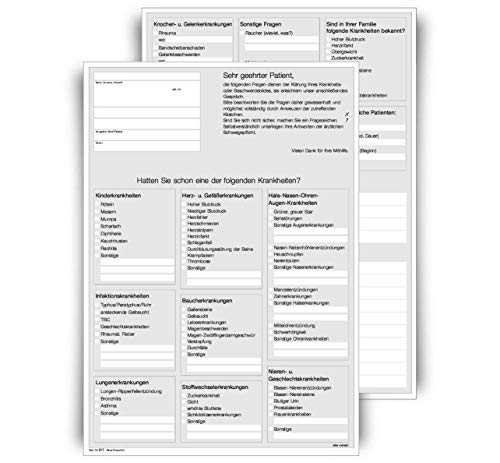 Anamnesebogen für Ärzte und Heilpraktiker, DIN A4 Hochformat, 2-seitig, weiß, 100 Blatt Cover