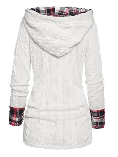 Image of ZEZCLO Women's Twisted Cable Knit Plaid Print Hooded Sweater Mock Button Ruched Shawl Neck Knit Top