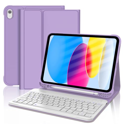KVAGO for iPad (A16) 11th Generation Case with Keyboard, Smart Stand Folio Detachable Bluetooth Keyboard Cover with Pencil Holder for iPad 11-inch A16 2025 10th Gen 10.9 Inch 2022 (Light Purple)