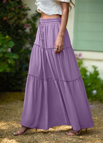 Image of Lepunuo Womens Casual Boho High Waisted Flowy Maxi Skirts Tiered Floral Long Skirts with Pockets for Summer Beach Vacation