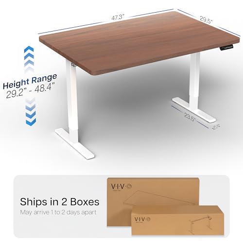 Image of VIVO Electric 48 x 30 in Standing Desk, Memory Height Adjustment, 1B Series, Holds 220 lbs, One-Piece Dark Walnut Top, White Frame, DESK-KIT-1W5D