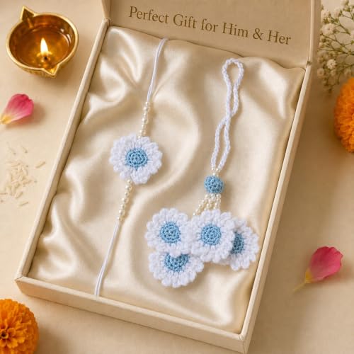 Image of Handmade Crochet White Sky Blue Flower Rakhi for Brother | Premium Cotton Thread Floral Designer Rakhi with Pearl Beads | Soft Skin-Friendly Lightweight Raksha Bandhan | Traditional Handcrafted Gift