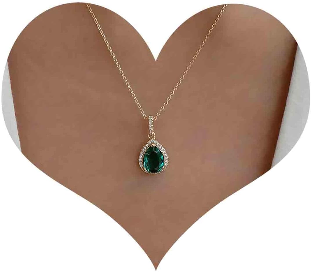 Bohemian Emerald Crystal Pendant Necklace Green Drop Emerald Choker Necklace Emerald CZ Necklace Green Water Drop Rhinestone Necklace Chain Jewellery for Women and Girls Gifts