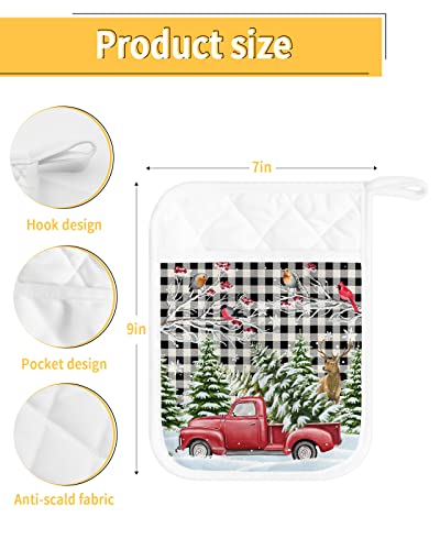Christmas Truck Trees Cardinals Reindeer Pot Holders With Pocket For Kitchen, Heat-Resistant Potholders Set Of 2, Hot Pads Oven Mitts With Hanging Loops For Home Cooking Baking, Buffalo Plaid #TOP2