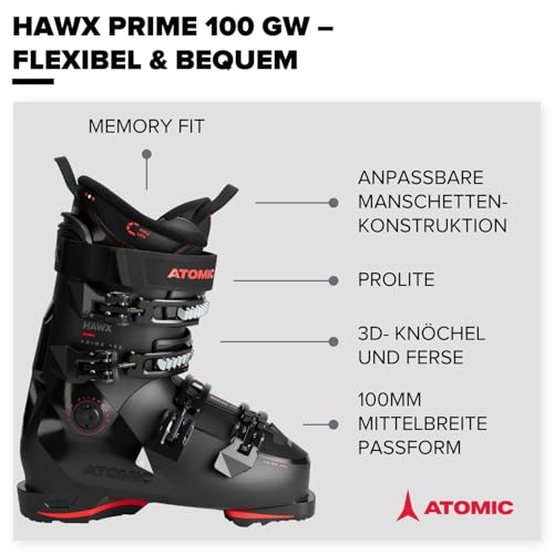 ATOMIC HAWX Prime 100 GW Skischuhe in Schwarz/Rot - Größe 40.5/41 - Mittelbreite Ski-Boots mit 100 mm Passform & 100er-Flex - Ski-Schuhe mit anpassbarer Mimic Technologie für präzisen Fit
