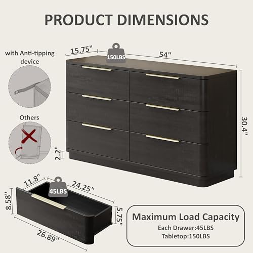 Image of 6 Drawer Dresser for Bedroom, 54 inch Wide Modern Chest of Drawers with Metal Handle, Curved Profile Design, Wooden Black Dresser Closet Clothes Storage TV Stand for Living Room, Hallway