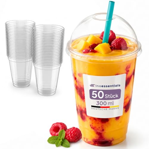 Inoverse 50 Stück Smoothie Becher to Go 300 ml Dessertbecher Plastikbecher für Eiskaffee Cocktail Bubble Tea mit Domdeckel mit Loch