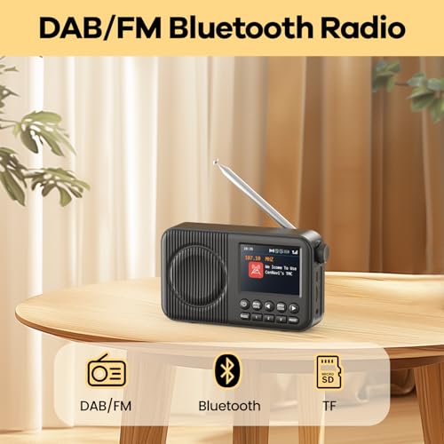 Arafuna DAB Radio, DAB Plus mit 2,4" Farbdisplay, FM Radio mit Bluetooth, Küchenradio mit 60 Voreinstellungen, wiederaufladbar, Dual Wecker, Schlaf-Timer, MicroSD/TF/AUX Anschluss, Schwarz