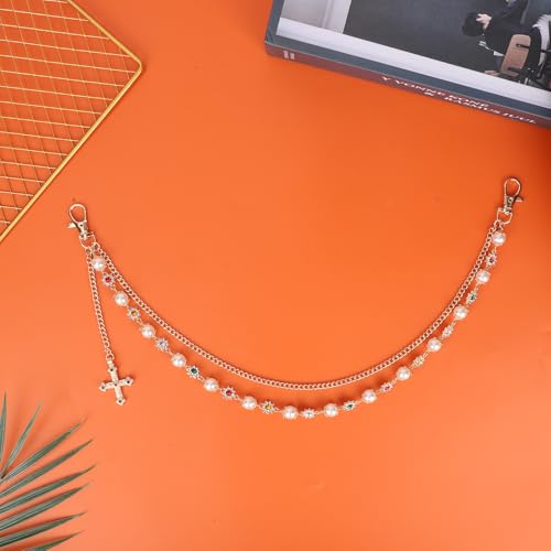 Gold Chain for Pants, Fashionable Double Layer Pants Chain Pearl Rhinestones Cross Hip Hop Pocket Belt Accessory Jeans Jewelry keychain Wallet for Men Women - Thumbnail 3