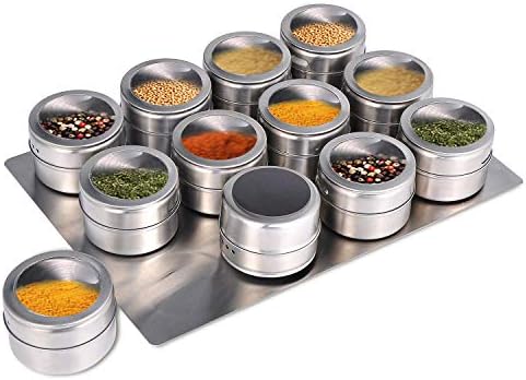 Beeyoka Upgrade Magnetic Spice Jars 12pcs with Wall Mounted ,Stainless Steel Spice Tins with Lid and Small Holes for Sprinkle Rust Free Easy to Clean Includes 94 Labeling Stickers