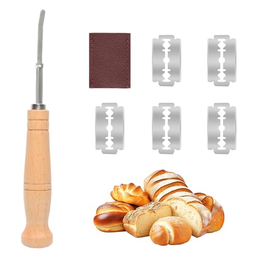 Sourdough Scoring Tool Set with 5 Blades & Leather Case - 6Cr13 Stainless Steel Lame Blades (1.7×0.9×0.04in) for Bread Baking, Wooden Handle (7×1in) - Gift for Bakers