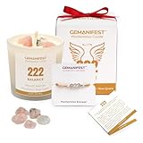 GEMANIFEST Angel Number 222 Manifestation Candle Crystal Infused Soy Wax with Moonstone & Rose Quartz Moonlit Jasmine Scented Spiritual Gift for Balance Meditation Affirmation and Energy Alignment