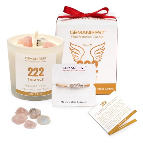 GEMANIFEST Angel Number 222 Manifestation Candle Crystal Infused Soy Wax with Moonstone & Rose Quartz Moonlit Jasmine Scented Spiritual Gift for Balance Meditation Affirmation and Energy Alignment