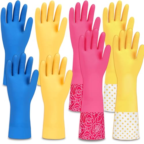 AZEN 4 Pairs Rubber Cleaning Gloves, 2 Pair Standard+2 Pair Long Cuff Rubber Gloves for Dishwashing, Reusable Household Kitchen Cleaning Gloves (Medium, Blue+Pink+Yellow)