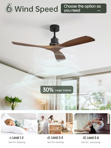 Image of Sofucor 52 Inch Smart Wood Ceiling Fan No Light, Alexa /App /Remote Control | Modern Without Light, 3 Blade, Quiet Reversible DC Motor, 6 Speed, Indoor /Outdoor /Bedroom /Living Room /Farmhouse /Patio, Brown