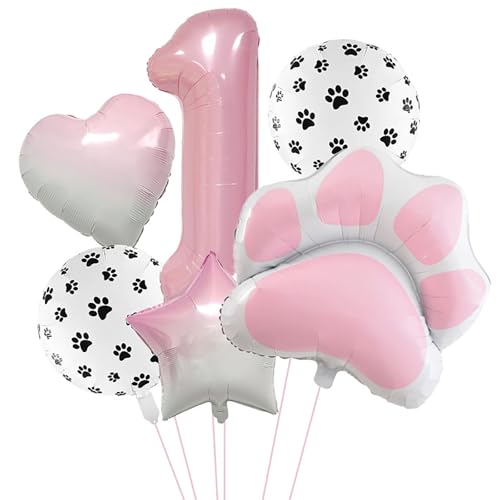 Image of 1st Birthday Dog Paw Balloons Set,18'' Paw Prints, Heart,Star,Paw Shaped Foil Balloon 40 Inch Pink Number 1 Helium balloons for Puppy Themed Baby Shower First Birthday Party Decorations Supplies 6PCS