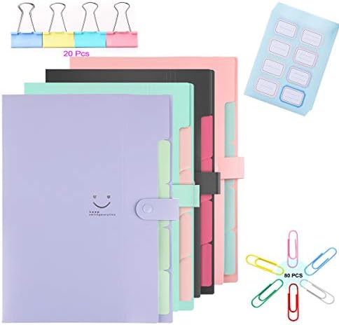 4 Packs Expanding File Folders, 5 Pockets A4 Letter Size Accordion Folder Paper Organizer with 48Pcs Colored Labels, 80Pcs Paper Clips, and 20Pcs Paper Clamps (Jade/Purple/Black/Pink)
