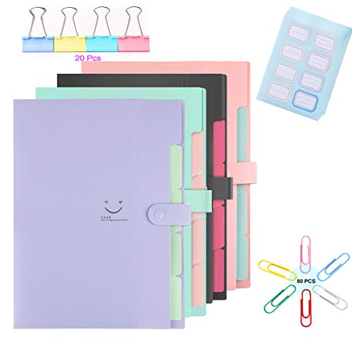 4 Packs Expanding File Folders, 5 Pockets A4 Letter Size Accordion Folder Paper Organizer With 48Pcs Colored Labels, 80Pcs Paper Clips, And 20Pcs Paper Clamps (Jade/Purple/Black/Pink) #TOP6