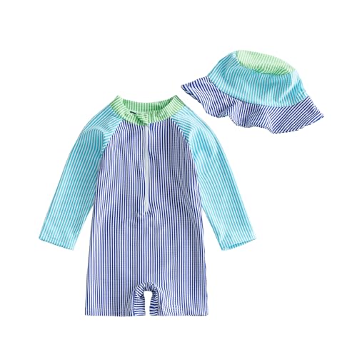 Image of Nibbcoa Toddler Baby Boys Seersucker Long Sleeve One Piece Rash Guard Swimsuit Zipper Bathing Suit Swimwear with Hat